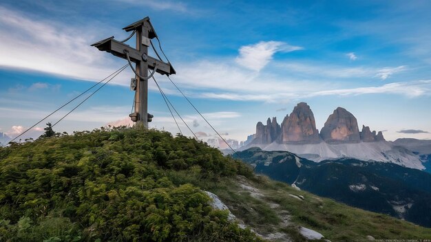 Cruz de madera en la colina cubierta de vegetación con las dolomitas en el Tirol del Sur