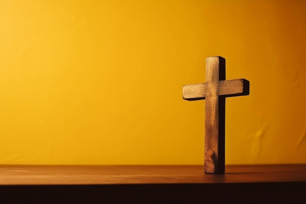 Una cruz de madera se encuentra sobre una mesa frente a un fondo amarillo