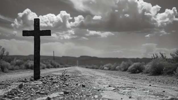 Una cruz de madera se encuentra sola en un vasto paisaje desértico la cruz está desgastada y gastada y la madera está agrietada y astillada