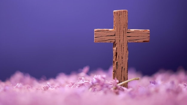 Cruz de madera con flores de lavanda.