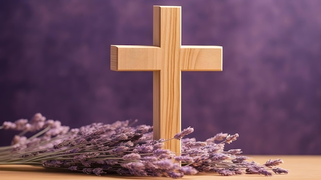 Cruz de madera de fondo cristiano en el campo de lavanda con cielo azul borroso