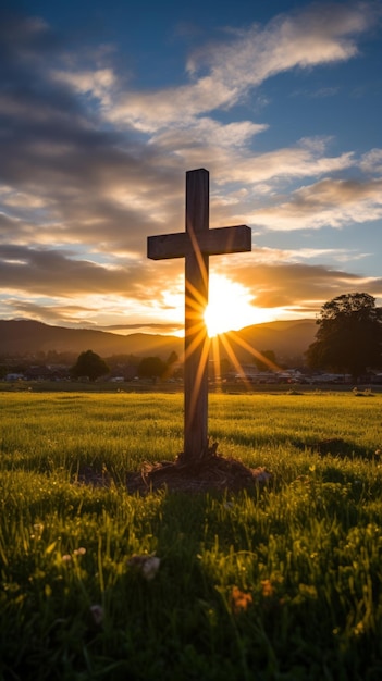 Cruz de madera en medio de un campo de hierba durante la puesta de sol