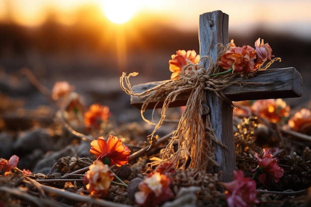 Cruz de madera en medio de flores al atardecer generativa IA