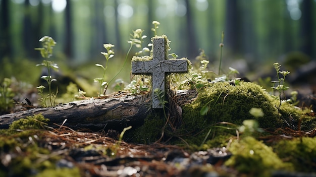 Cruz de madera en musgo telón de fondo funerario bosque excavado cementerio en el bosque una tumba natural entierro de árbol