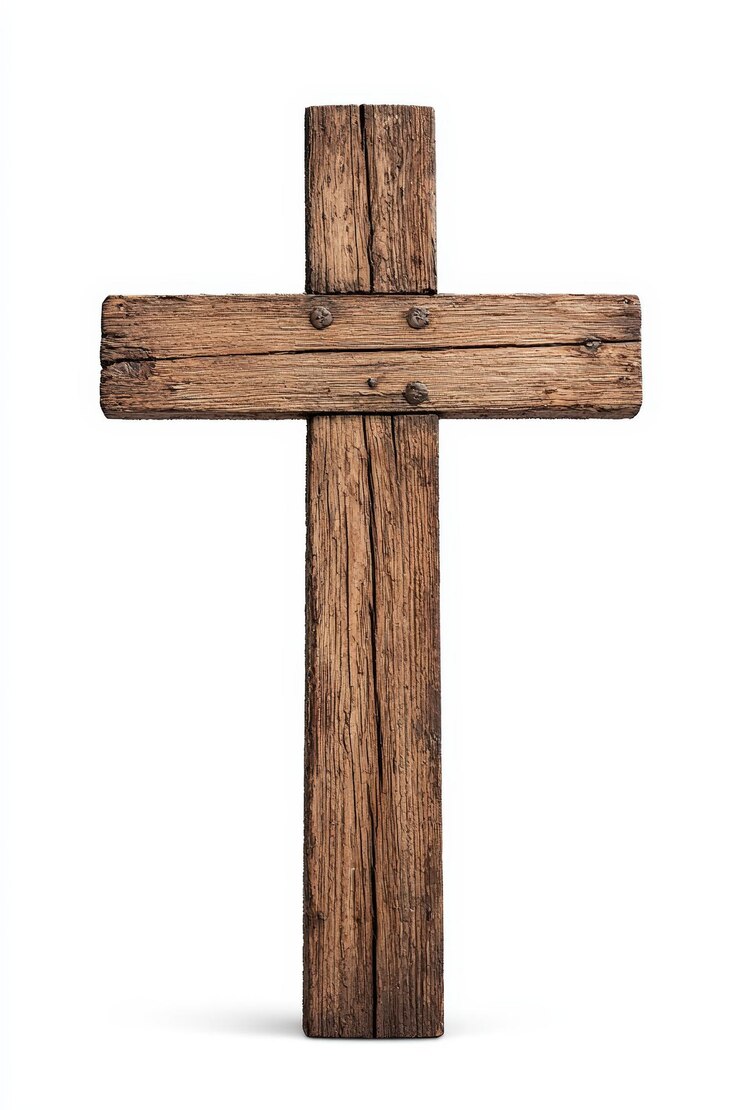 Una cruz de madera rústica sobre un fondo blanco que simboliza la fe, la espiritualidad y la tradición en el cristianismo