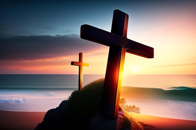 Cruz de madera sobre un acantilado con vistas al océano al atardecer Símbolo de la resurrección cristiana
