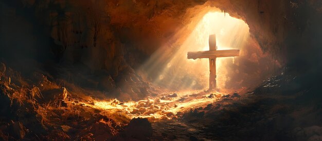 Cruz majestosa iluminada pela luz do sol em uma caverna rochosa um símbolo de esperança e fé imagem cristã espiritual AI