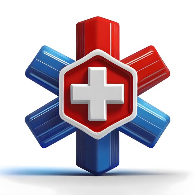 una cruz médica roja y azul con una cruz blanca en ella