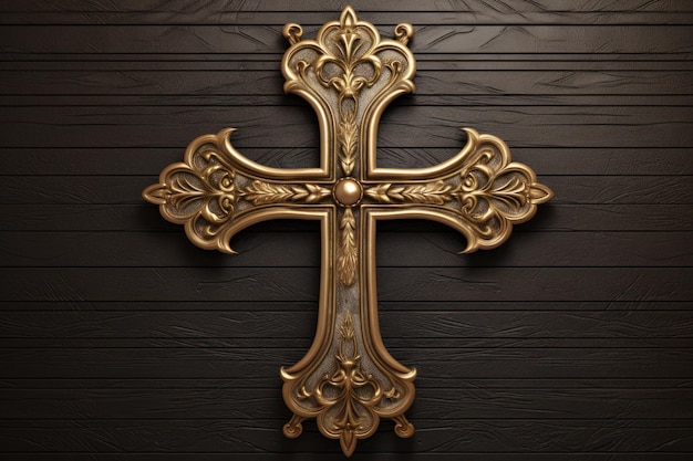 una cruz de metal sobre una superficie de madera