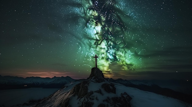 Una cruz en una montaña con el cielo nocturno de fondo