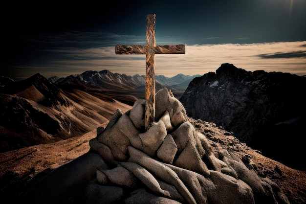 Una cruz en una montaña con el sol brillando sobre ella.