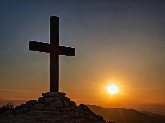 una cruz en una montaña con el sol poniéndose detrás de ella