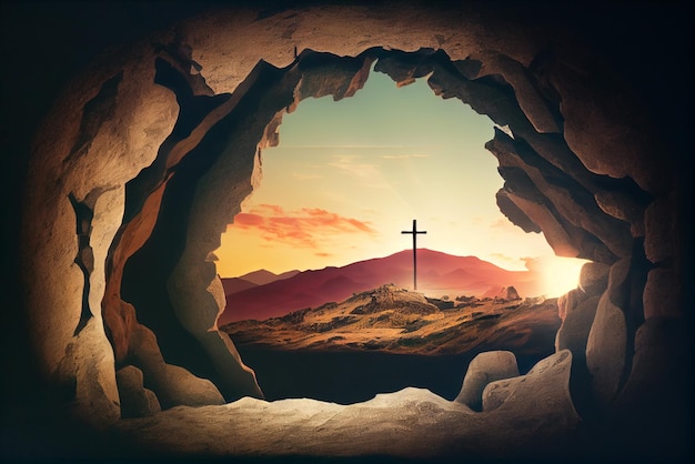 Cruz na montanha crença fé crucificação e ressurreição de Jesus Cristo na Páscoa