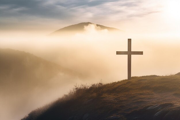 Cruz en la niebla en la montaña de la mañana.