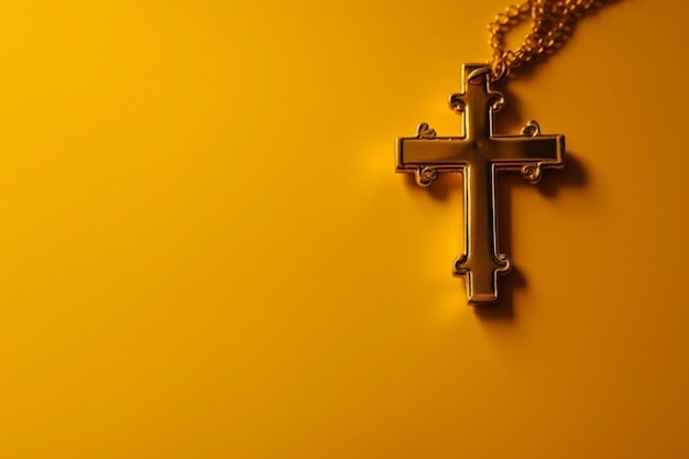 Una cruz de oro con fondo de espacio de copia amarilla
