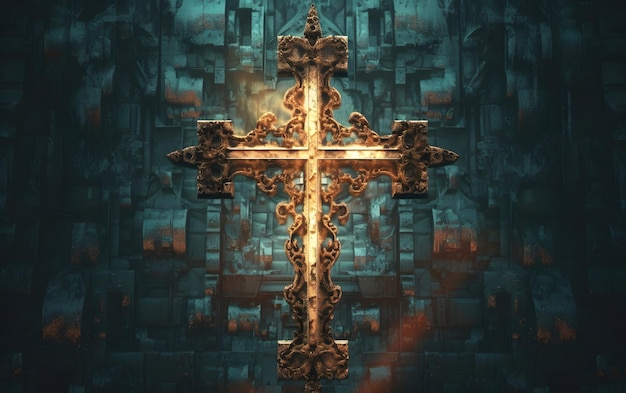 Una cruz en una pared con un edificio al fondo.