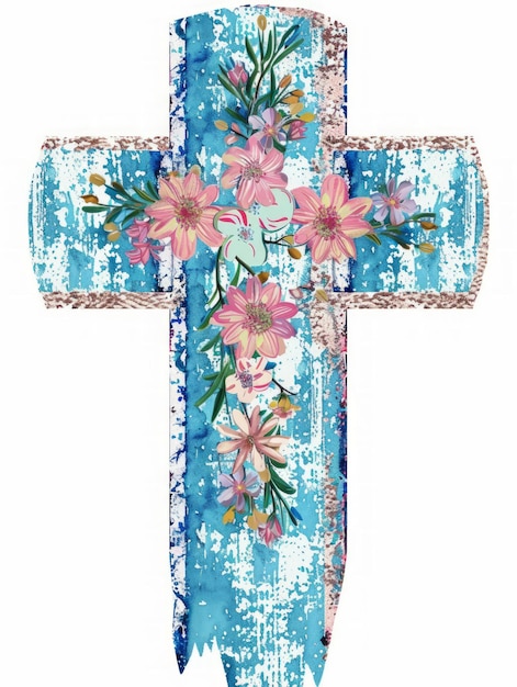 Cruz de Pascua en fondo de acuarela azul con diseño floral de IA generativa