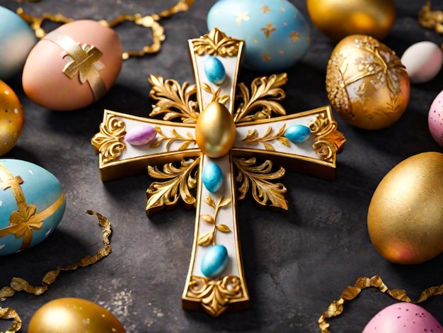 Foto cruz de pascua con huevo de pascua con el mensaje el es resurrecido