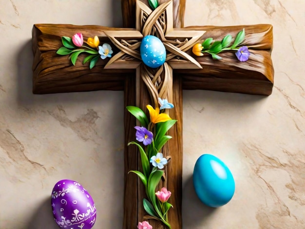 Cruz de Pascua con huevo de Pascua con el mensaje EL ES RESURRECIDO