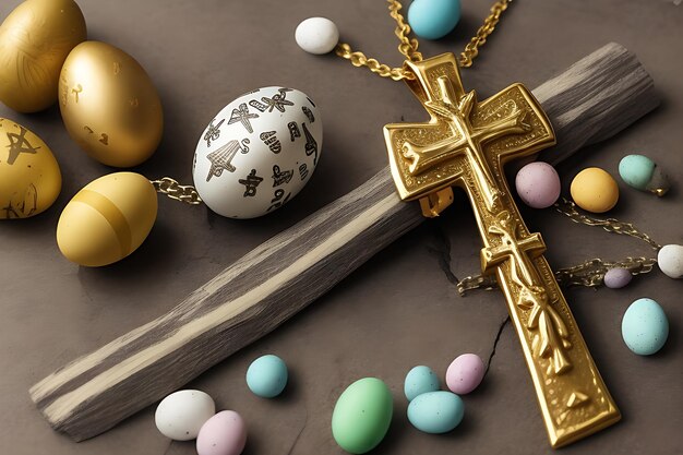 Cruz de Pascua con huevo de pascua con el mensaje de que ha resucitado