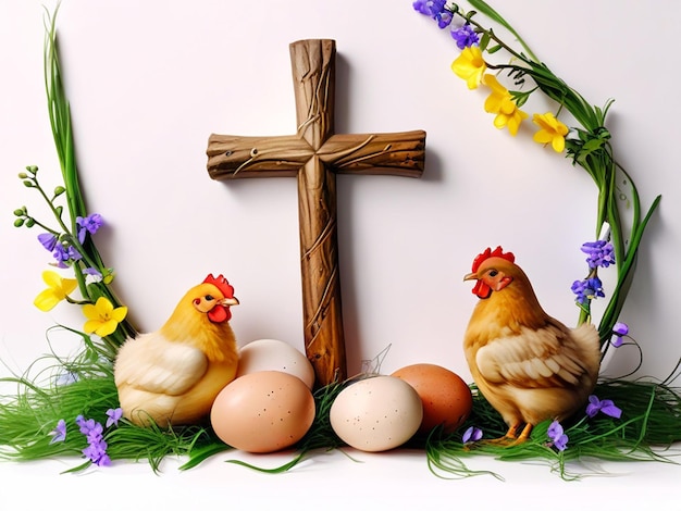 Cruz de Pascua con huevos de gallina y flores sobre fondo blanco