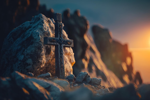 Cruz de piedra con luz solar luz divina generativa ai