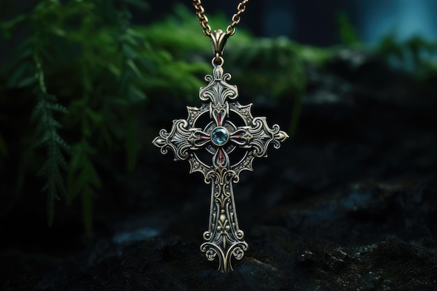 La cruz de plata en el péndulo simboliza la conexión espiritual generativa IA