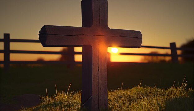 Cruz religiosa en la cima de la colina con flores de primavera y amanecer creado con