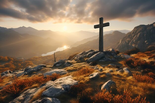 Foto cruz religiosa cristã na montanha símbolo da fé nuvens noturnas de fundo relâmpagos gerados por ia