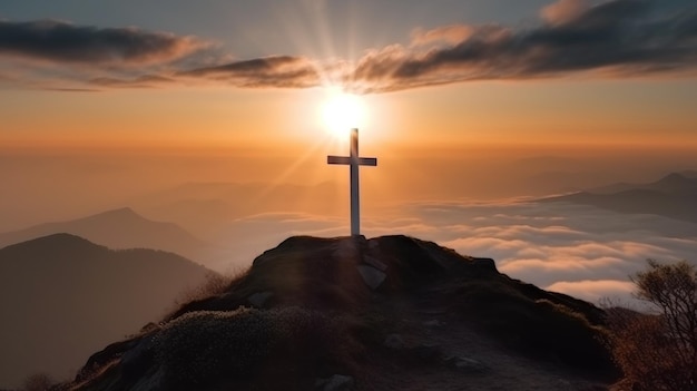 Cruz religiosa cristã no símbolo da montanha da fé, nuvens noturnas, fundo, relâmpago, cabeçalho