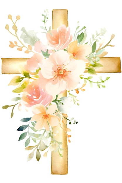 Cruz religiosa dorada con flores verdes alrededor de acuarela pintura pastel ilustración de arte Generativo Ai