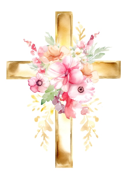 Cruz religiosa ornamental dorada con hojas verdes Espíritu Santo clipart acuarela pintura arte ilustración Generativa Ai