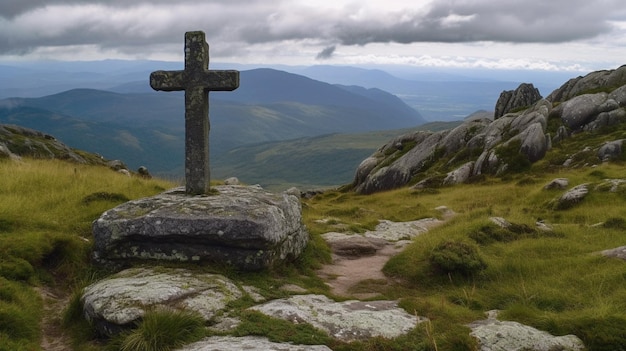 Una cruz en una roca en las montañas.