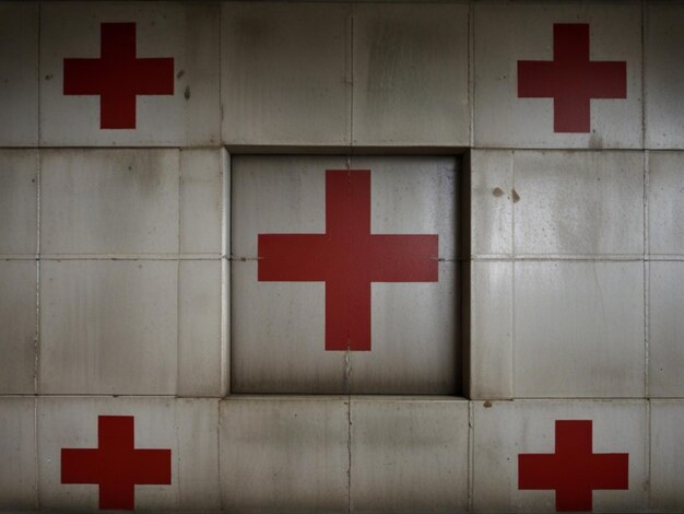 una cruz roja en una pared blanca con una cruz roja en ella