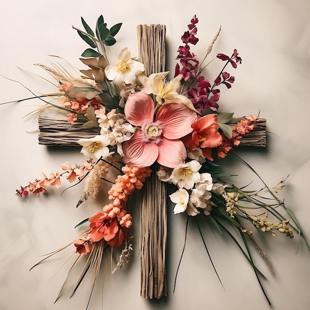 Foto cruz sagrada botânica feita com folhas de palma secas e ad cross domingo de pálma arte cristã foto