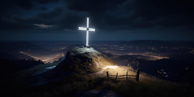 cruz sagrada de luz branca brilhante na colina de Gólgota à noite