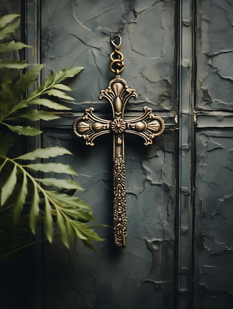 Cruz sagrada de hierro forjado de inspiración vintage y llave antigua una cruz Foto del Domingo de Ramos Arte cristiano