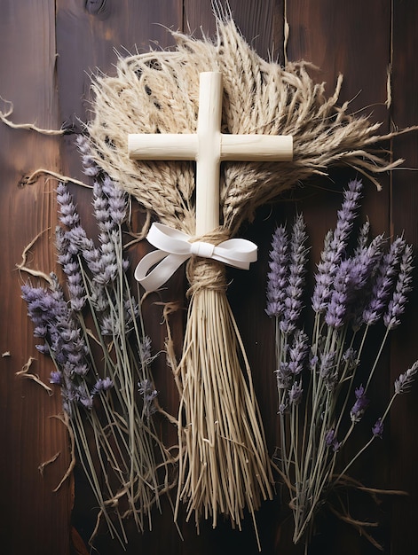 Cruz Sagrada de Madera Rústica y Lavanda Seca Adornada Palma L Cruz Domingo de Ramos Foto Arte Cristiano