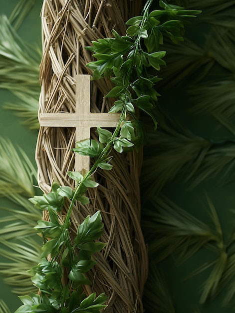 Foto cruz sagrada orgânica feita de vinhas trançadas e adornada com cruz domingo de ramos foto arte cristã