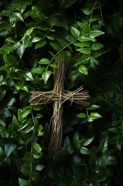 Foto cruz sagrada orgánica hecha de vides entrelazadas y cruz adornada domingo de ramos foto arte cristiano