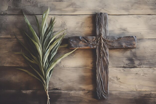Cruz Sagrada Vintage hecha de madera de granero desgastada y cruz adornada Foto del Domingo de Ramos Arte cristiano