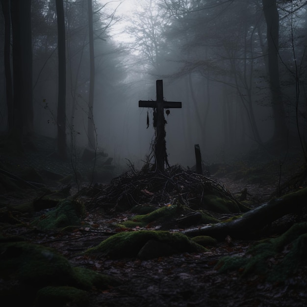 una cruz se sienta en medio de un bosque de niebla