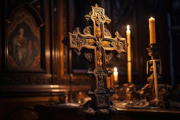 Una cruz sobre una mesa en una iglesia