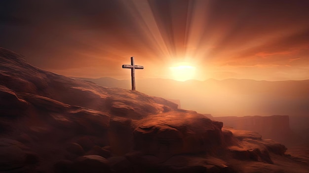 una cruz con un sol brillando sobre ella sentado en la cima de una colina