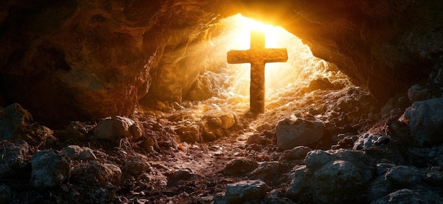 Foto una cruz y el sol salen fuera de una cueva.