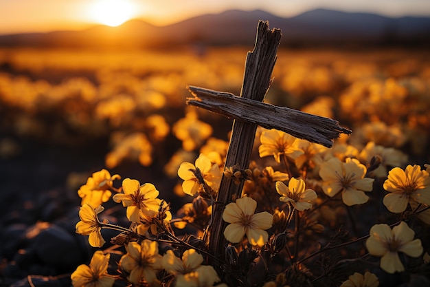 Cruz solitária em campo florido ao entardecer IA generativa