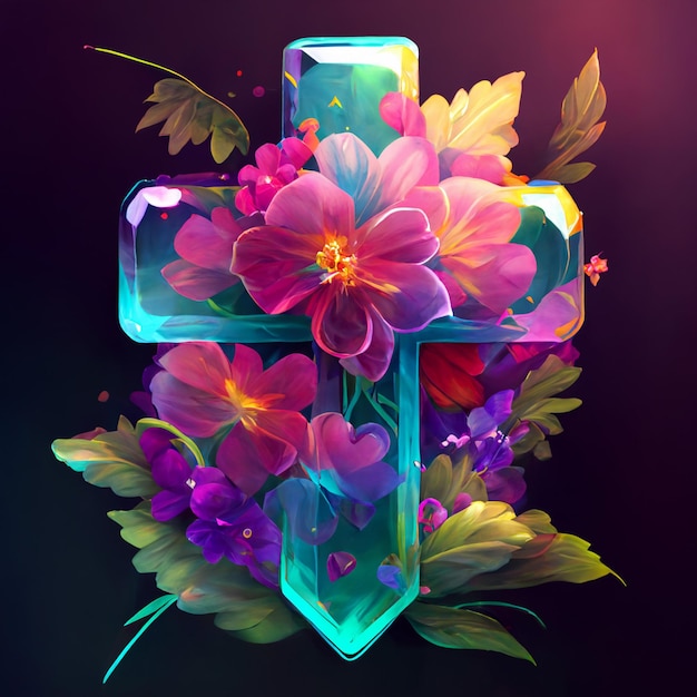 Cruz de transparencia con flor de colores