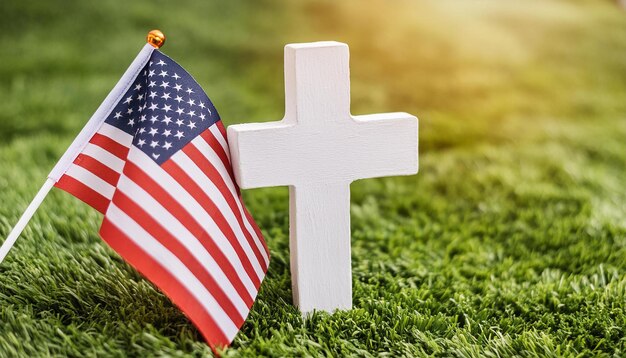 Cruz de la tumba blanca y bandera estadounidense en el prado verde Día de la Conmemoración Festivo federal en los Estados Unidos