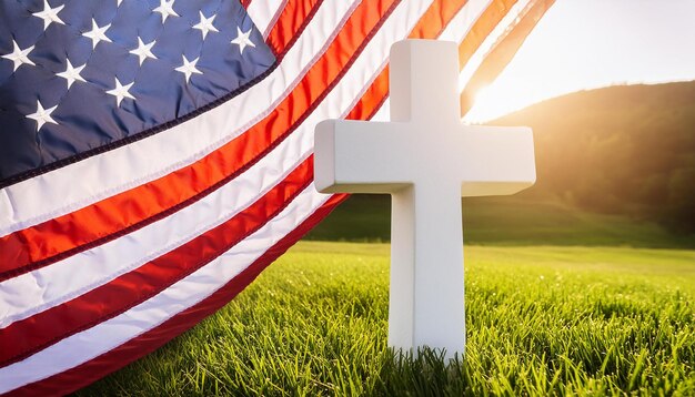 Cruz de la tumba blanca y bandera estadounidense en el prado verde Día de la Conmemoración Festivo federal en los Estados Unidos