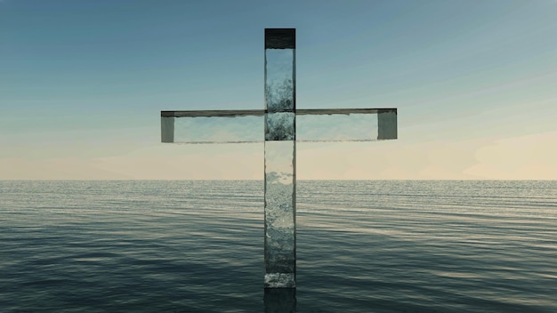 Cruz de vidrio de pie en el mar Ilustración cristiana en 3D